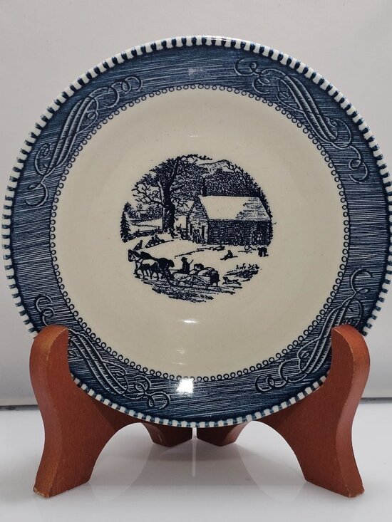 Royal Pottery Other - Currier Ives Schoolhouse Blue Bowl 6.5" Royal Pottery winter scene made USA 50s